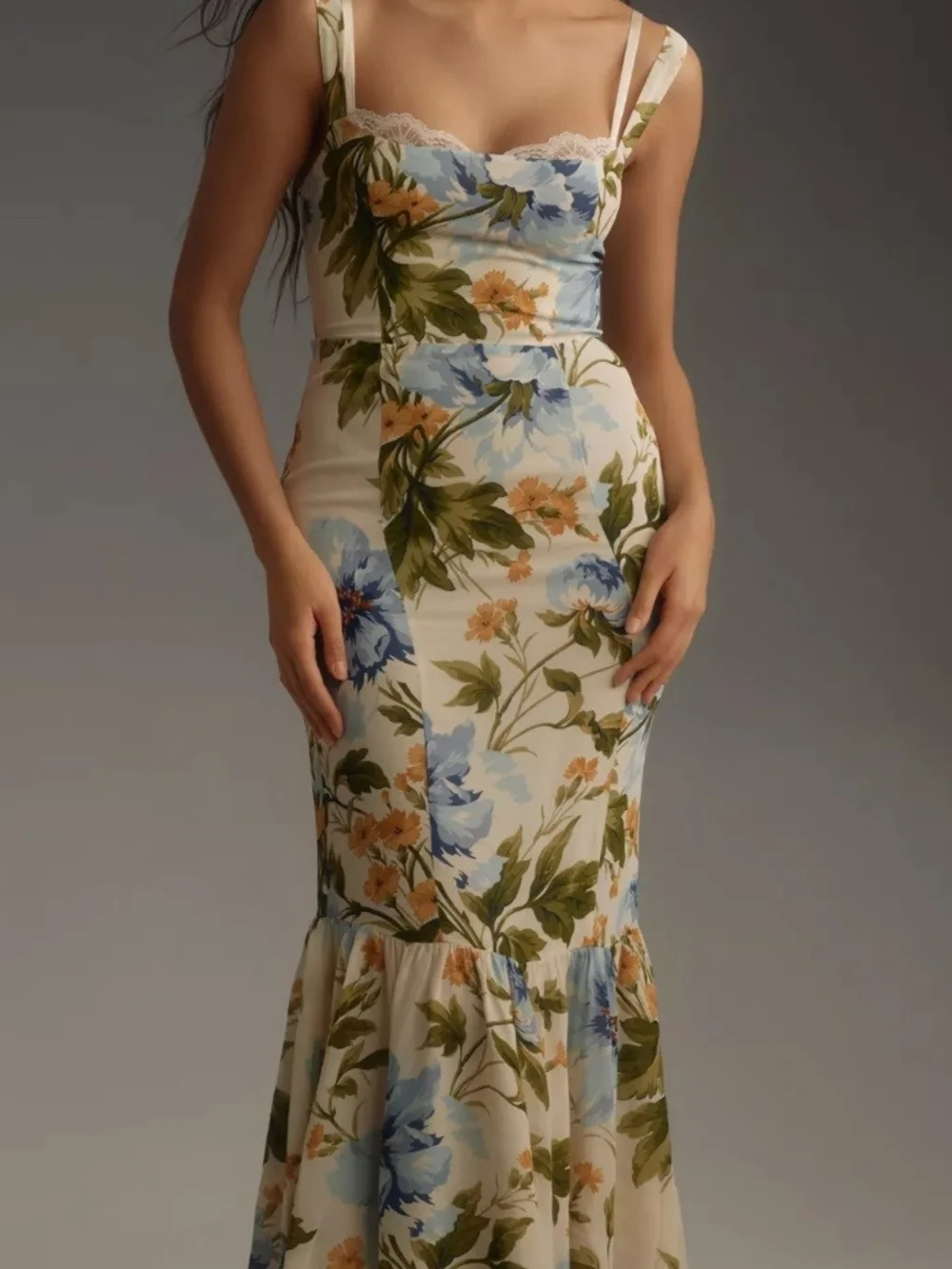 Reformation Cream Floral Maxi Dress with Blue & Olive Print - Picture 1 of 3